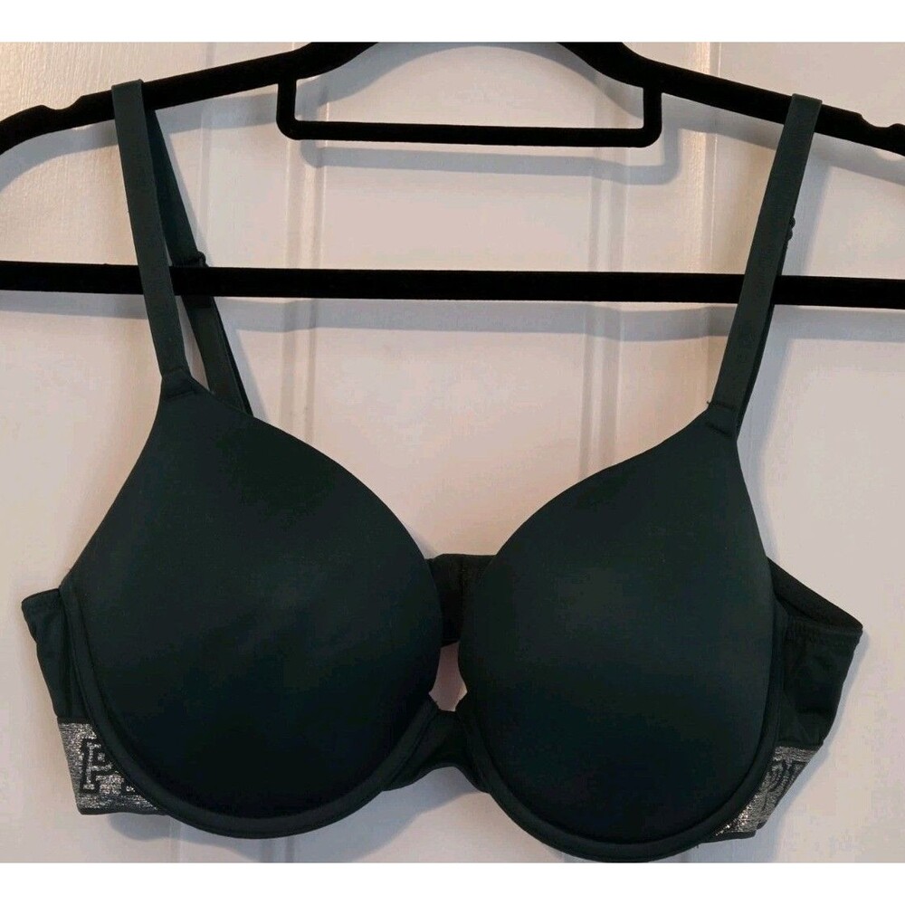 Victoria's Secret PINK Push-Up bra, Dark Green w/ Silver Glitter Straps - 36C